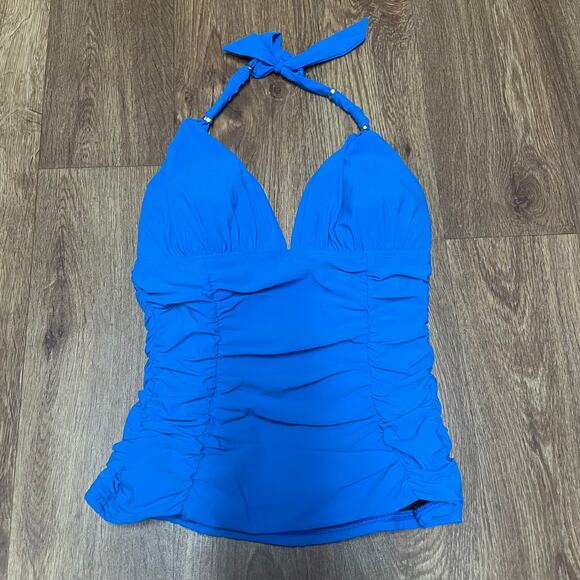 Lands End Solid Blue Ruched Slimming Womens Halter Tankini Swim Top Size 2 - Picture 1 of 6